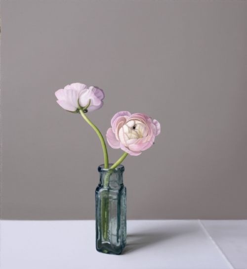 Still Life with Pink Ranunculus and Glass Bottle by Jo Barrett