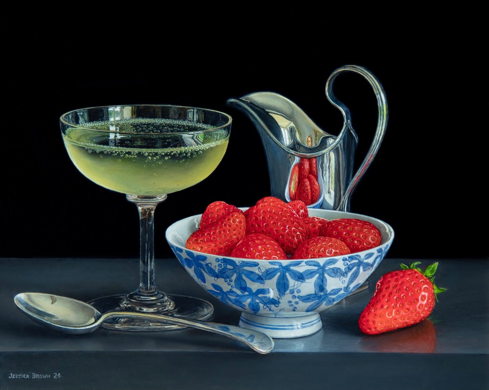Jessica Brown - Still Life with Silver Cream Jug, Strawberries and Champagne